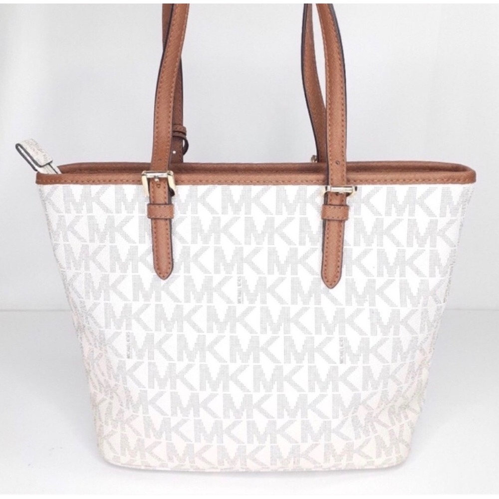 Michael Kors Vanilla MK Signature Logo Jet Set Tote Bag Brown Leather Straps NWT - Picture 4 of 13